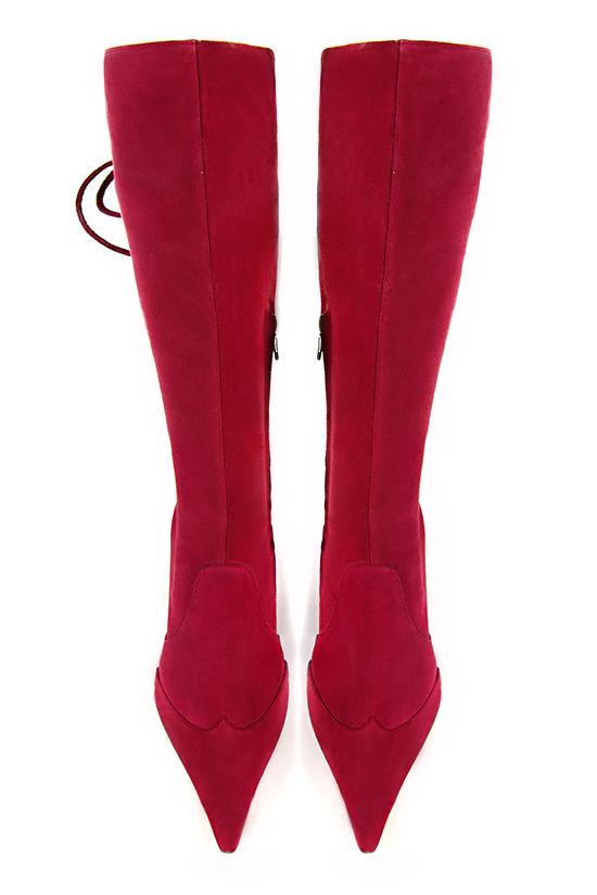 Cardinal red women's knee-high boots, with laces at the back. Pointed toe. High block heels. Made to measure. Top view - Florence KOOIJMAN
